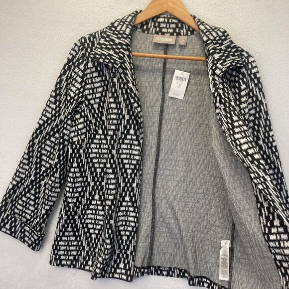 NWT Chicos Knit Jacket Size 1 Womens Medium (8) Black White Diamond Open Blazer - Picture 12 of 14